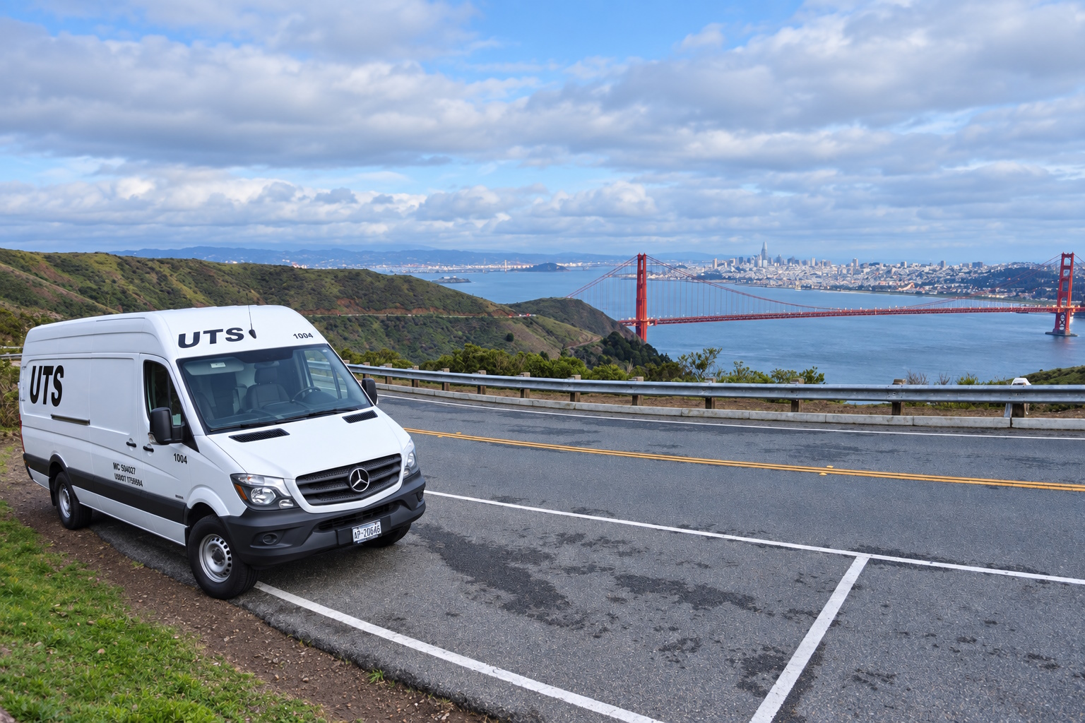 UTS transportation vehicle near the Golden Gate Bridge in San Francisco